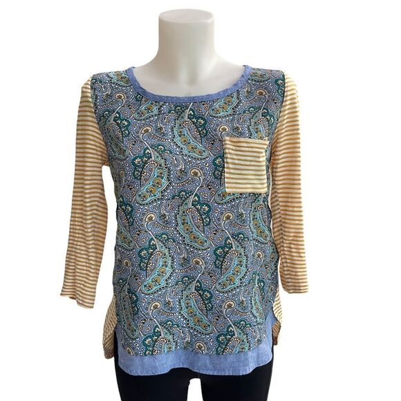 Anthropologie Postmark Striped Yellow 3/4 Blouse, Blue Paisley Front‎ sz XS - Picture 1 of 10